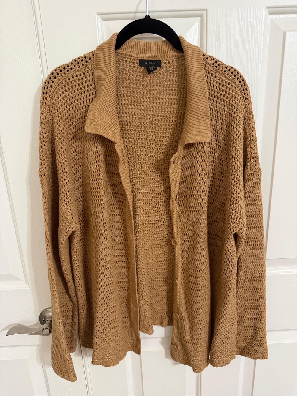 Halogen L Camel Crochet Style Open Knit Collared Button Front Cardigan Sweater